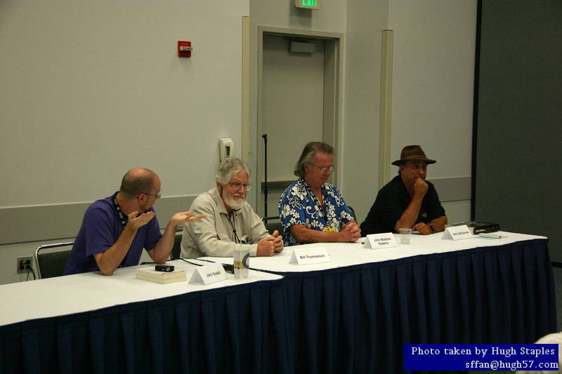 John Scalzi, Bill Thomasson, John Maddox Roberts and John DeChancie at "Politics and SF" panel