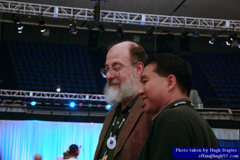 Harry Turtledove poses with a fan<br />prior to Hugo Awards Ceremony
