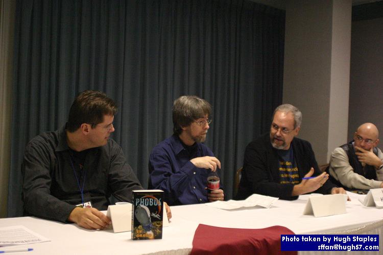 Ty Drago, Spider Robinson, Herb Kauderer and Michael Livingston<br />discuss the works of Robert Heinlein and other great SF writers