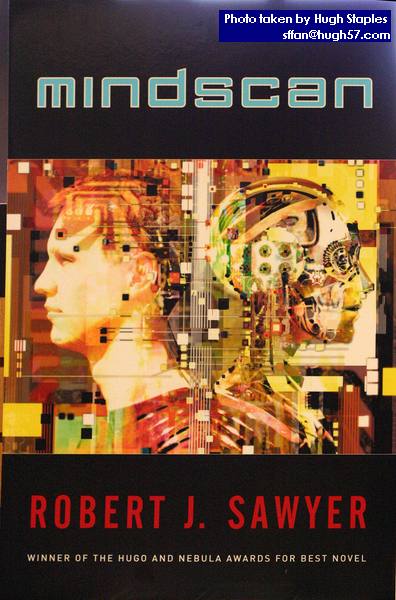 In-store poster of "Mindscan" - Robert J. Sawyer's latest novel.