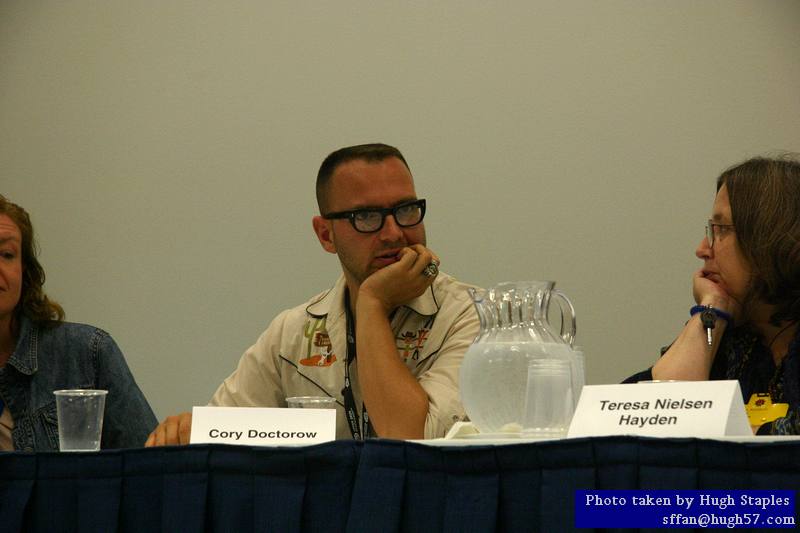 Cory Doctorow, Patrick and Teresa Nielsen Hayden, Kevin Drum, Mary Johansen and Phil Plait<br />at Panel "Bloggers As Public Intellectuals"